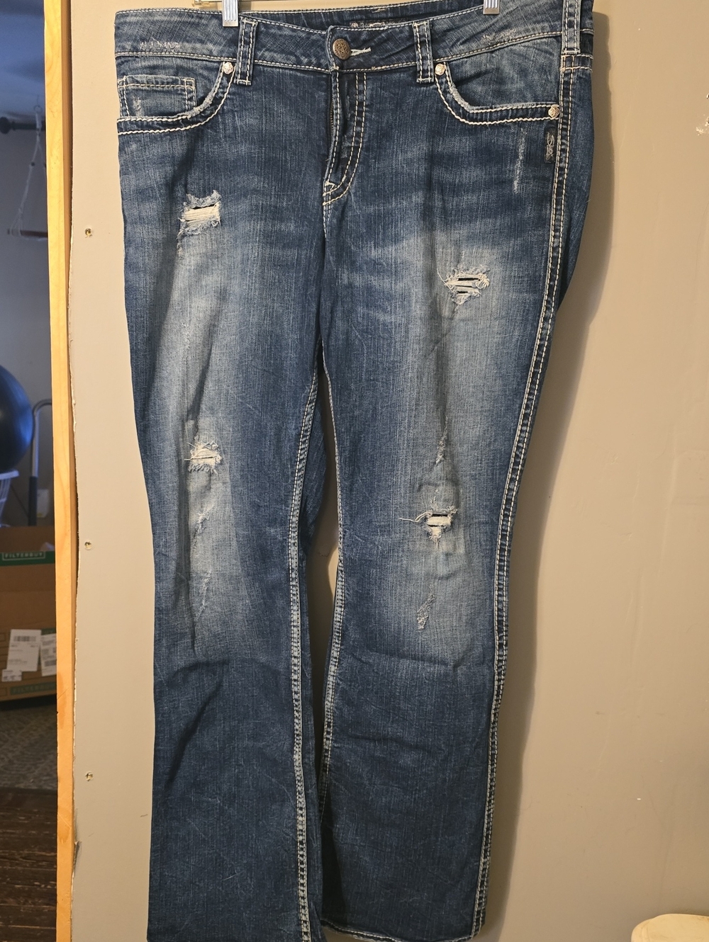 Silver Jeans Women’s Boot Cut Distressed Blue Jeans